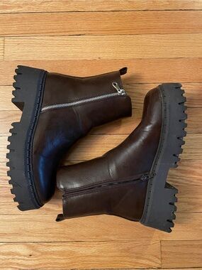 Women’s Dark Brown Leather Lug Sole Zip Ankle Boots